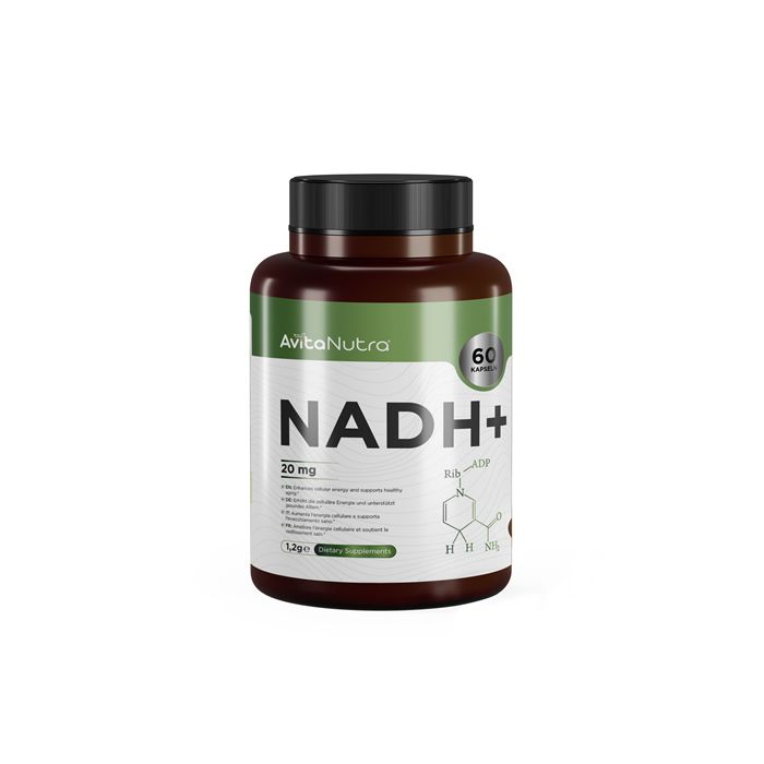AvitaNutra® NADH+ Kapseln, 60 Stück. Dunkelbraune Flasche mit schwarzem Deckel. Enthält chemische Strukturformeln.