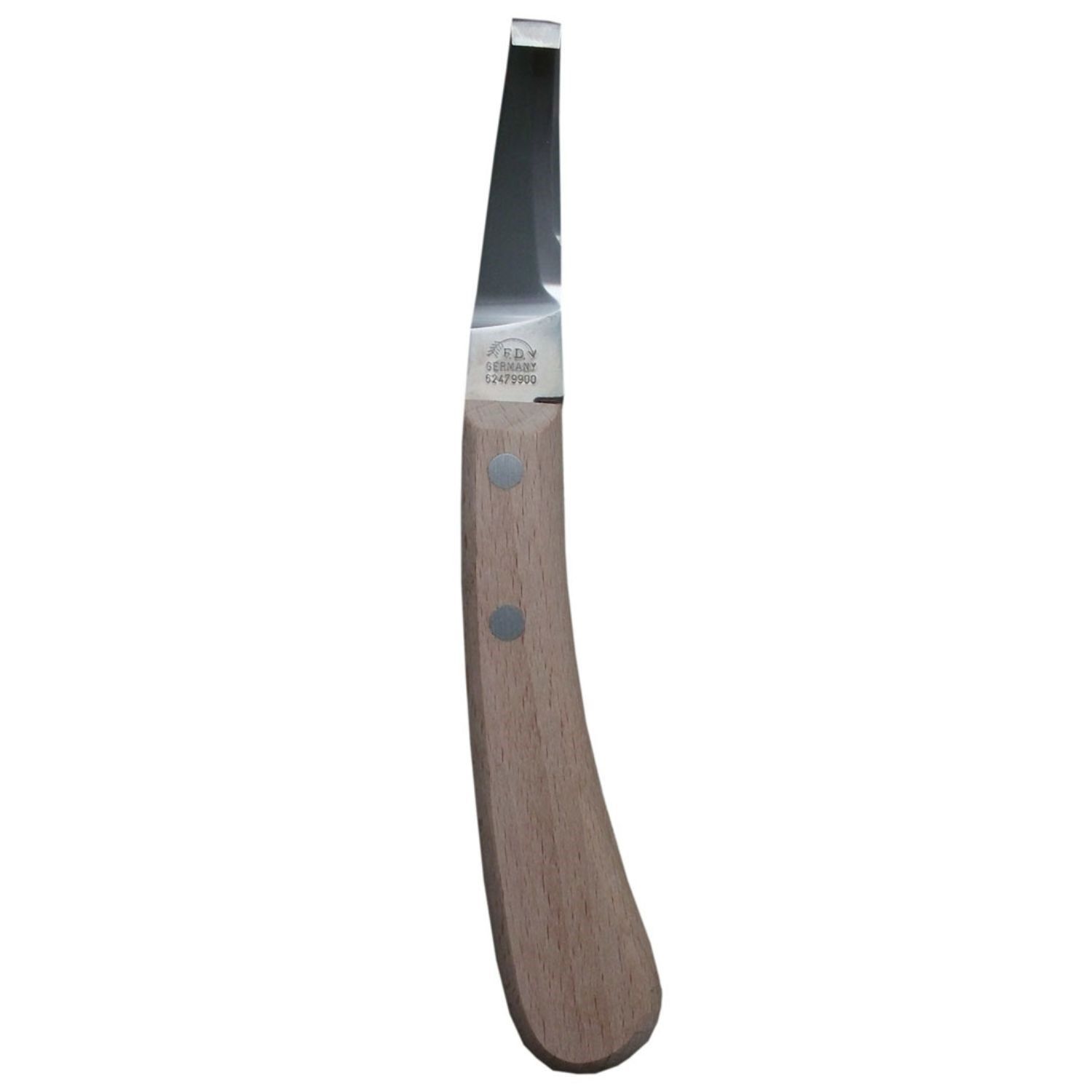 Hufmesser mit Holzgriff und Metallklinge. Klinge mit leicht gebogener Form.