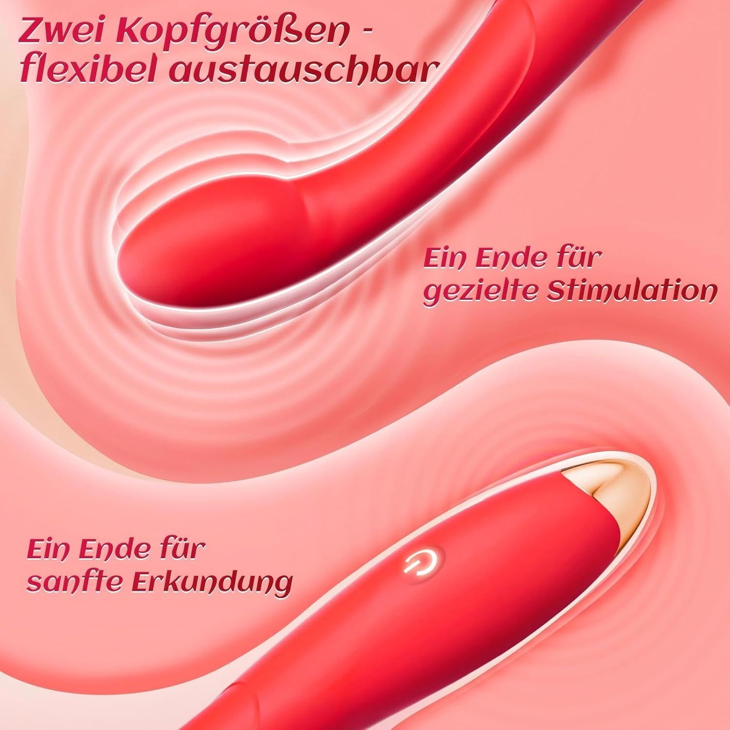 Roter Vibrator mit zwei flexibel austauschbaren Köpfen für gezielte und sanfte Stimulation.