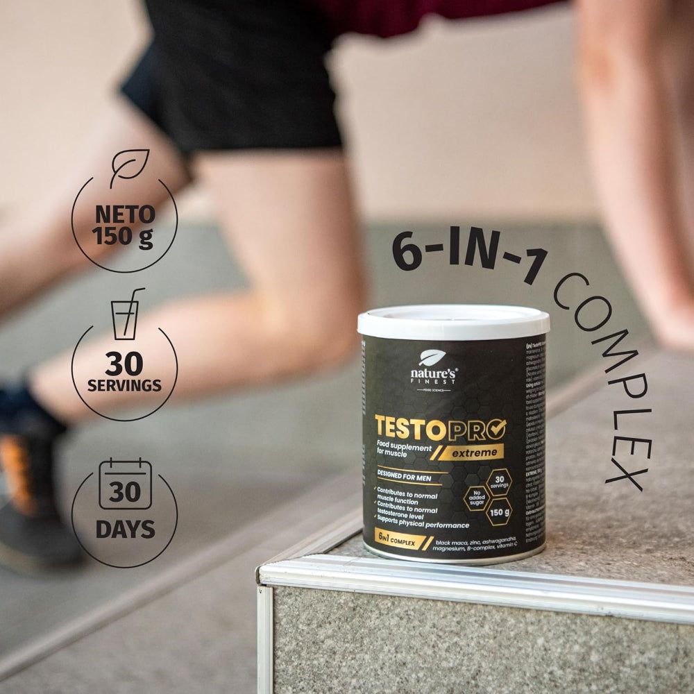 Dose Nature's Finest TestoPRO Extreme auf Treppe. Text: 6-in-1 Komplex, 30 Portionen, 30 Tage. Schwarze Dose, weißer Deckel.