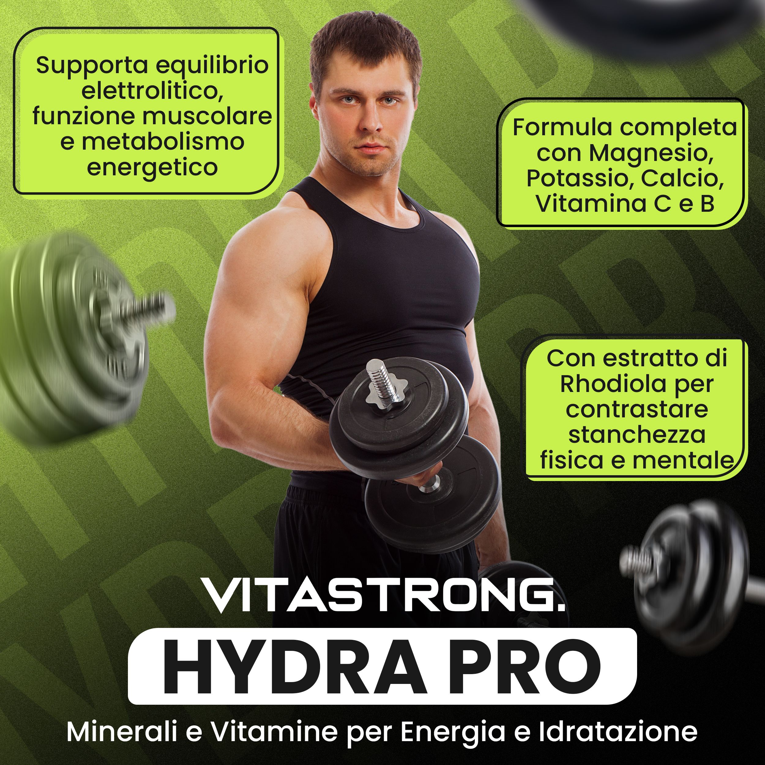 Mann mit Hanteln. Text: "HYDRA PRO", Mineralien und Vitamine. Vitastrong.