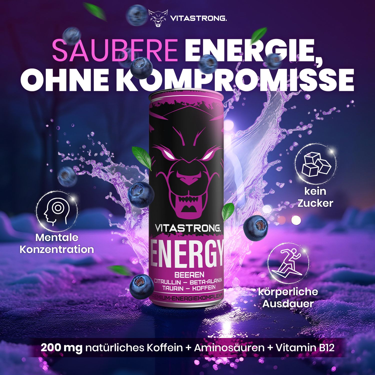 Vitastrong Energy Berries Dose, blaue Beeren, Text. Saubere Energie, ohne Kompromisse, Konzentration.