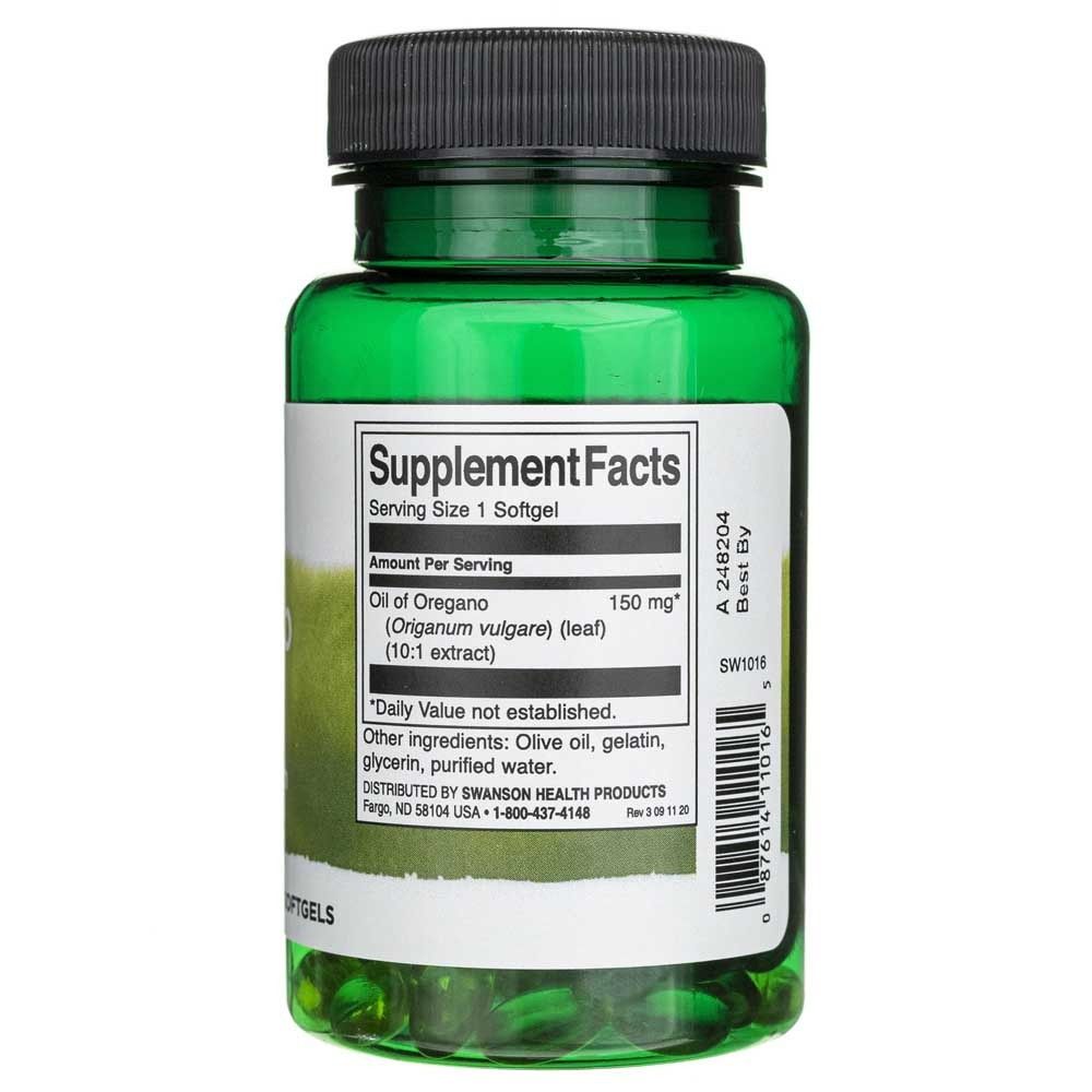 Rückseite der Swanson Oreganoöl-Flasche mit Nährwertangaben und Inhaltsstoffen.