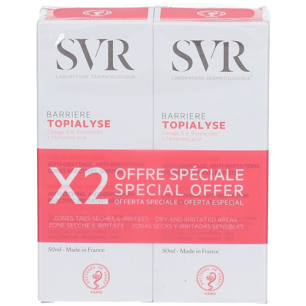 SVR Barriere Topialyse Duopack. Vorderansicht. Weiß-rote Verpackung. Produktname und Logo. "X2" und "Offre Spéciale" deutlich sichtbar.