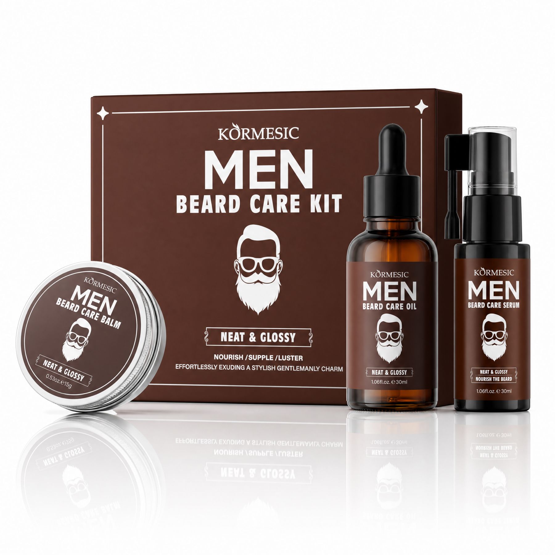 Kormesic Men Bartpflege-Kit mit Bartöl, Bartserum und Bartbalsam in brauner Verpackung.