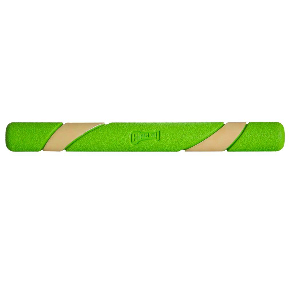 Grüner Fetch Stick mit beigen Spiralen. Der Stick hat abgerundete Enden und das Logo "Chuckit!".