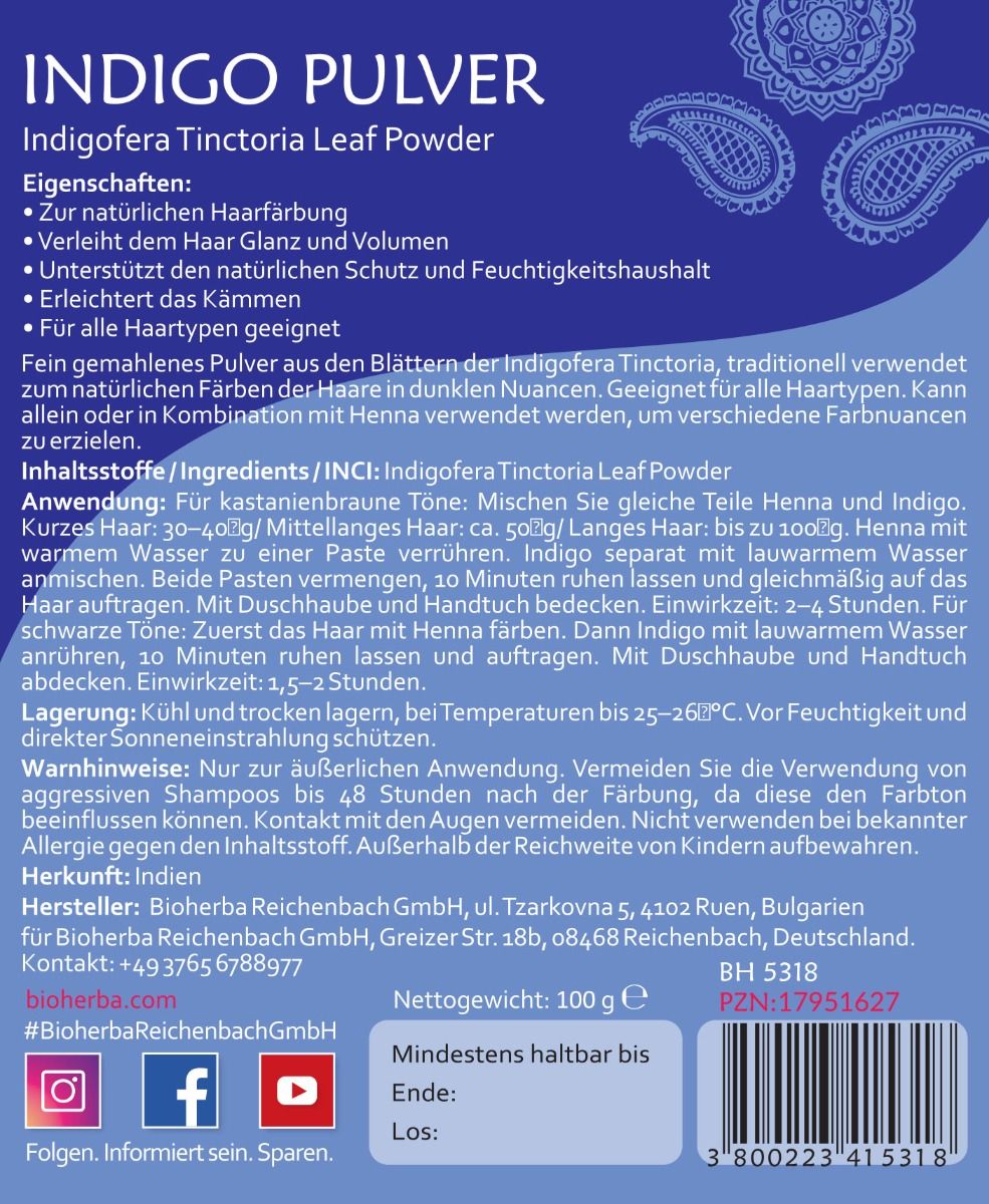 Blaues Etikett mit Text. Eigenschaften, Inhaltsstoffe, Anwendung, Lagerung, Warnhinweise, Hersteller. PZN: 17951627, Nettogewicht: 100 g.