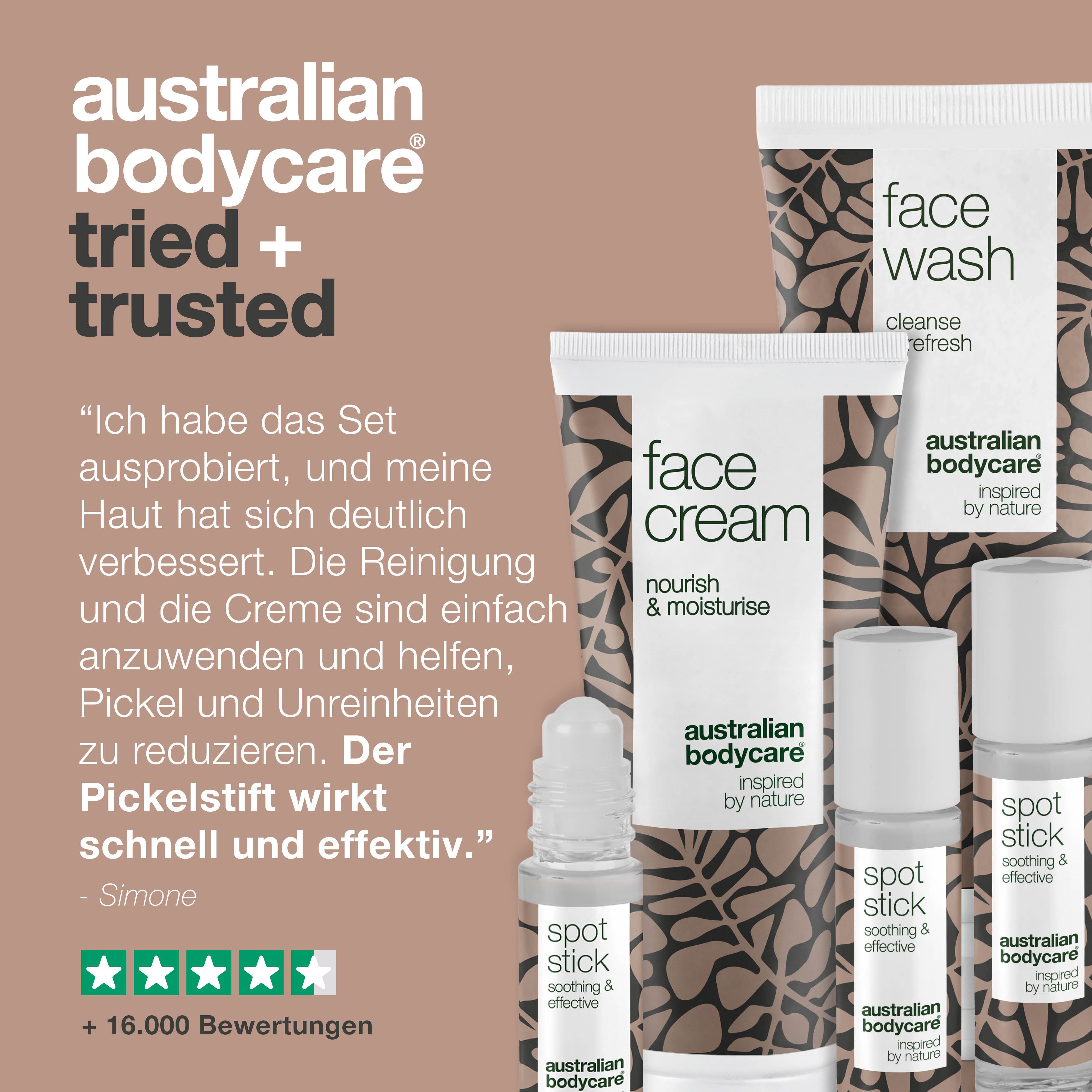 Produkte: Face Wash, Face Cream, Spot Stick. Zitat und Bewertungen von Kunden.