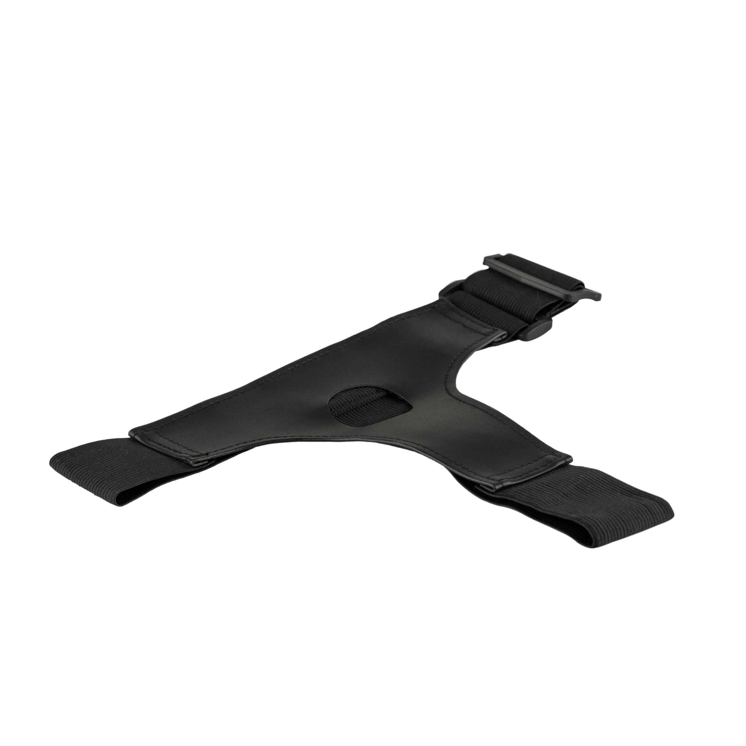 Schwarzes Intim-Accessoire mit zwei Armbändern und einem zentralen Loch. Elastische Bänder und ein verstellbarer Verschluss.