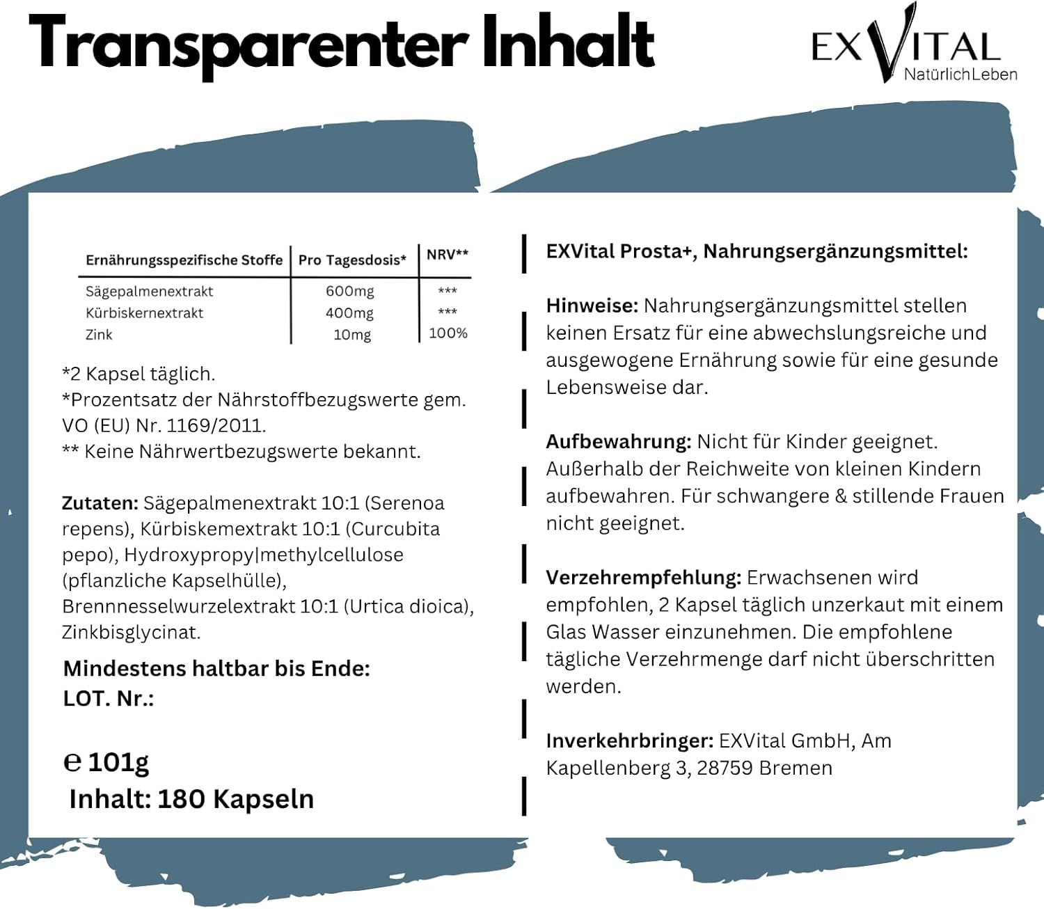 Textseite mit Informationen zu Inhaltsstoffen, Dosierung und Warnhinweisen. EXVital Prosta+, Nahrungsergänzungsmittel. 180 Kapseln.