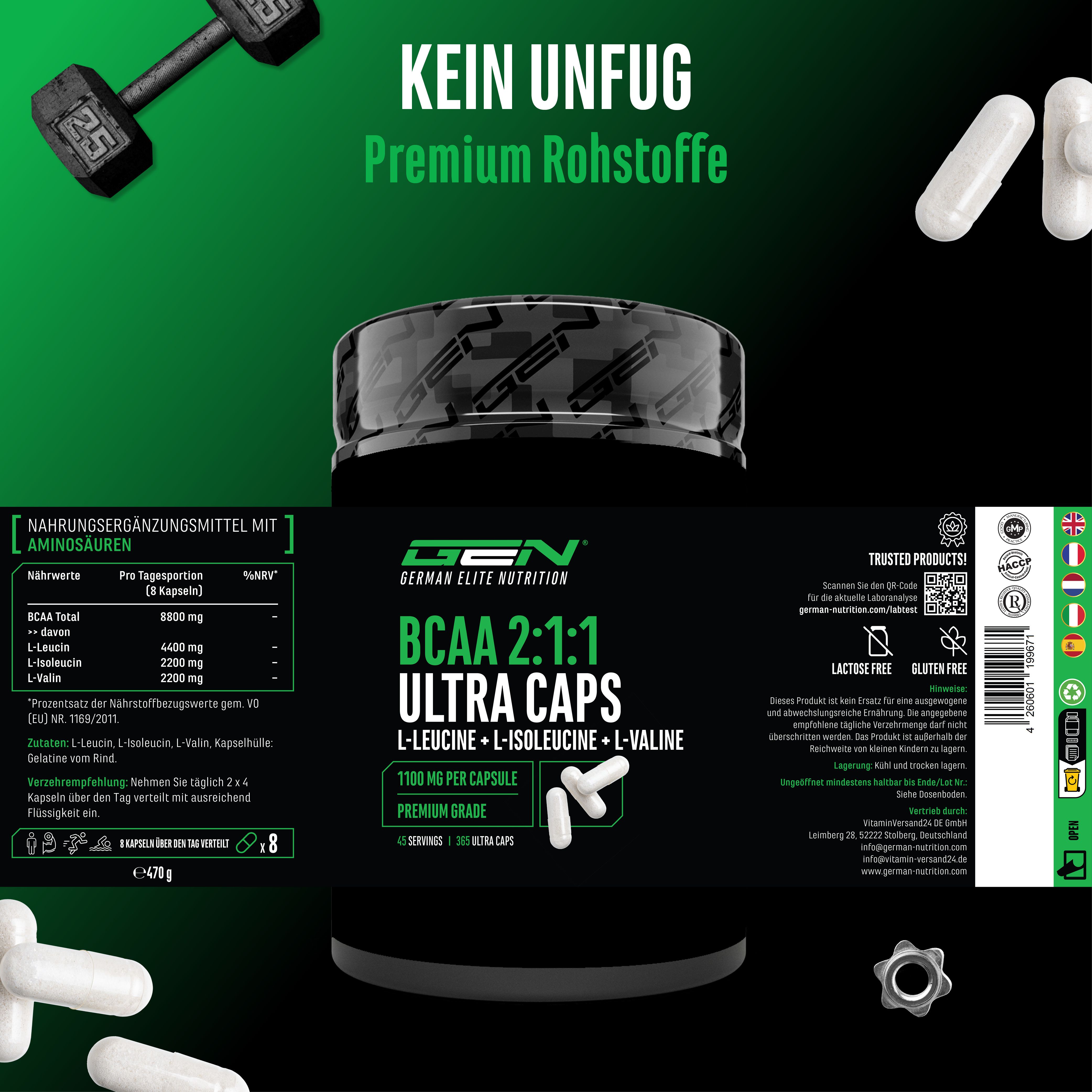 GEN BCAA 2:1:1 Ultra Caps. Schwarze Dose mit Etikett. Enthält Aminosäuren. 1100 mg pro Kapsel. Premium Grade. Kapseln daneben.