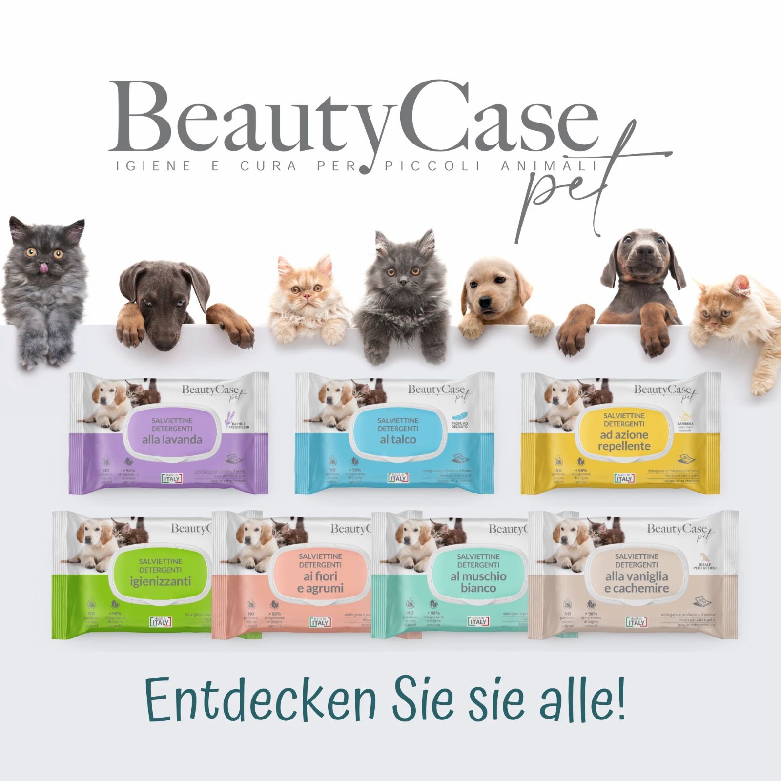 Verschiedene Salviette Detergenti für Tiere. Lavendel, Talk, Vanille, etc. Marke BeautyCase pet. Entdecken Sie alle!