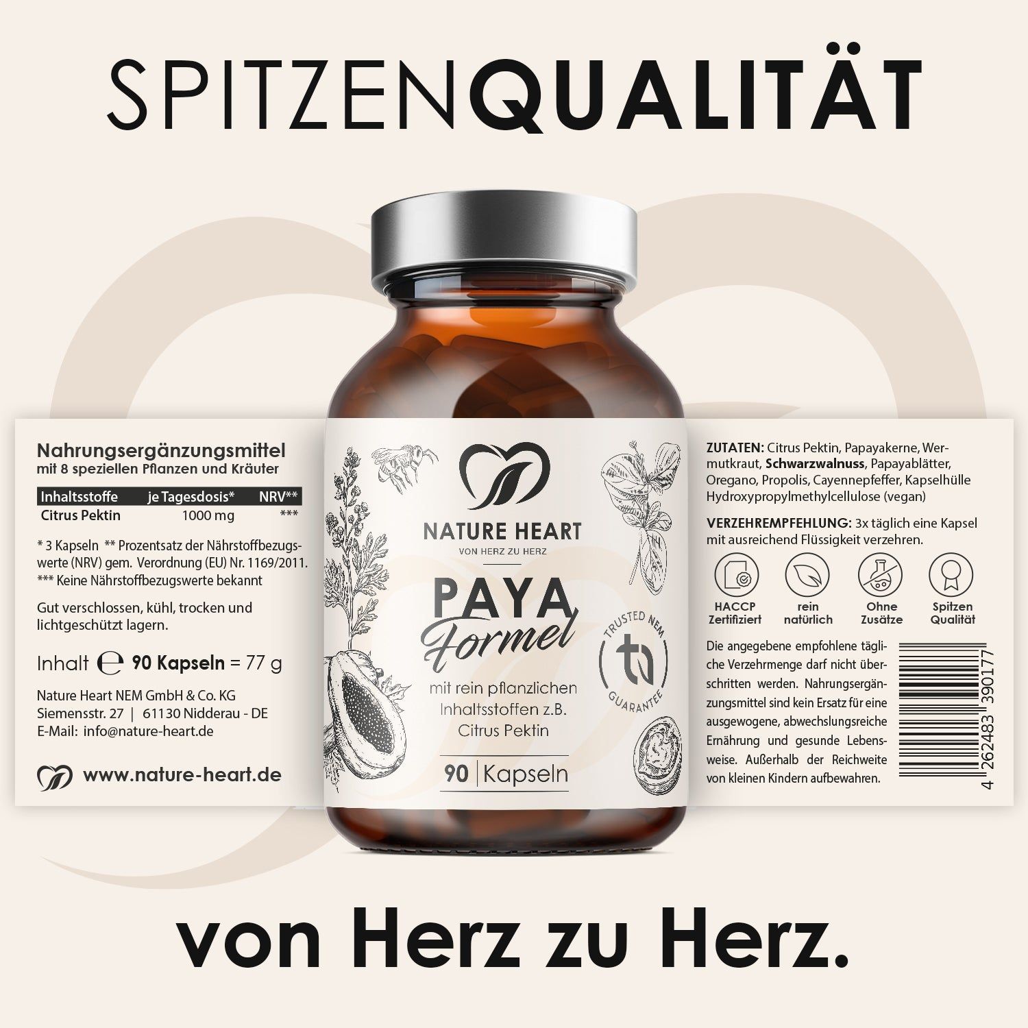 Nature Heart Paya Formel Kapseln, 90 Stück, mit Nährwertangaben.