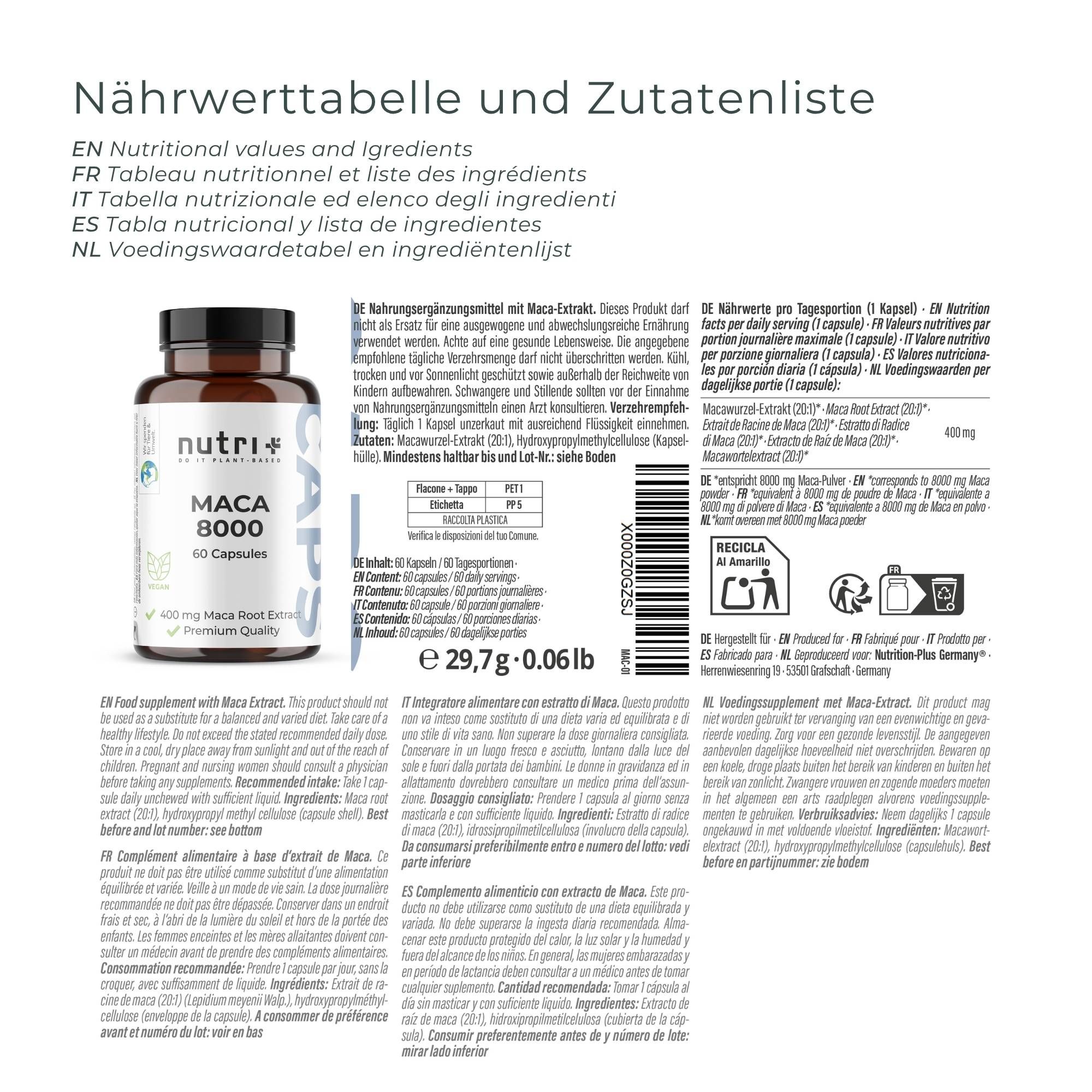 Nährwerttabelle und Zutatenliste. Flasche mit Kapseln. Text in Deutsch, Französisch, Italienisch und Spanisch.