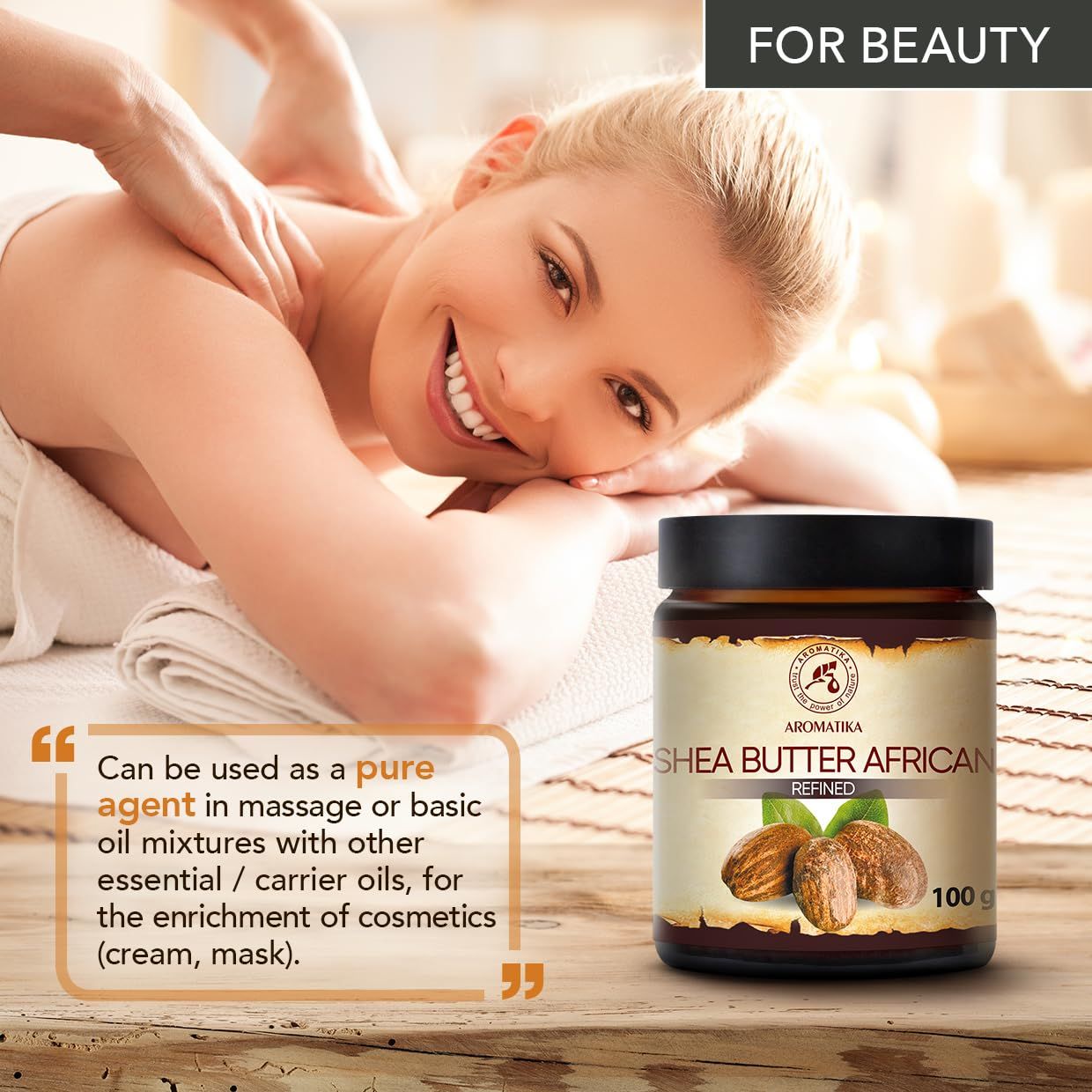 Glas mit AROMATIKA Sheabutter African. Frau erhält Massage.
