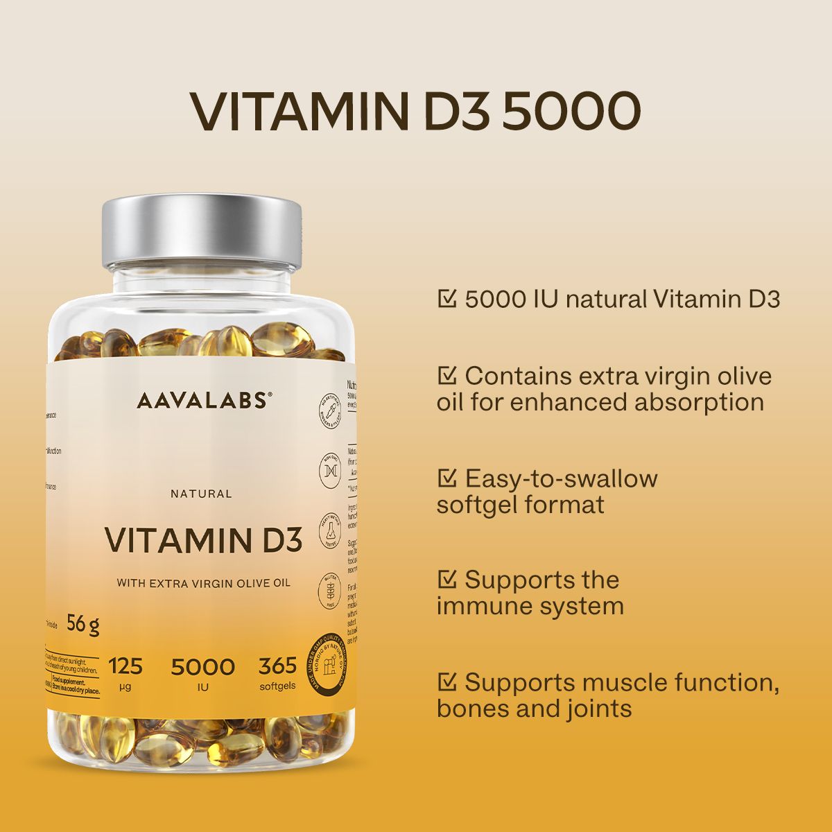 Flasche Aavalabs Vitamin D3 Softgels mit Liste der Vorteile.