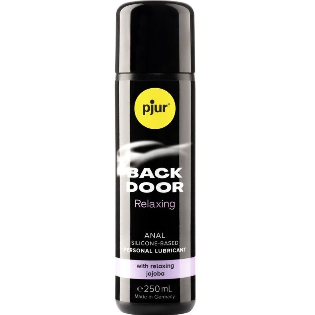 Schwarze Flasche mit Produktaufschrift. Gelbe Logo-Kreis mit 'pjur'. Text: 'BACK DOOR Relaxing' und 'ANAL SILICONE-BASED PERSONAL LUBRICANT'.