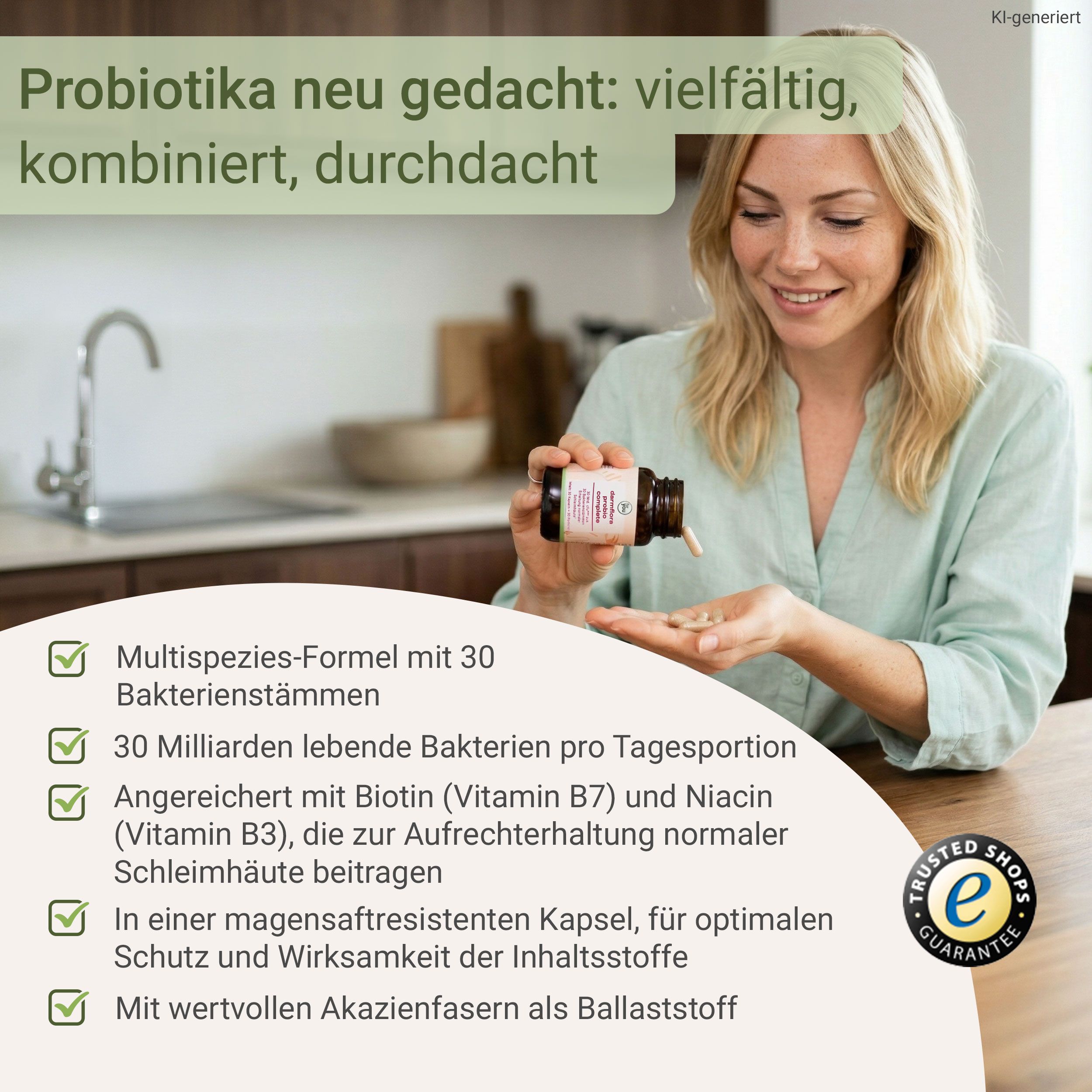 Frau hält eine Flasche Probiotika und Kapseln, mit Liste der Produktvorteile.