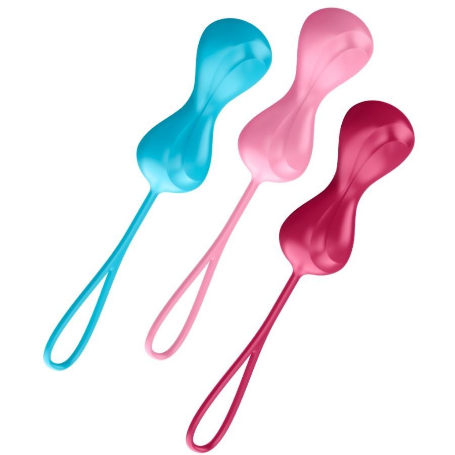 Drei Trainingskugeln in Blau, Rosa und Rot. Jede Kugel hat eine Schlaufe.