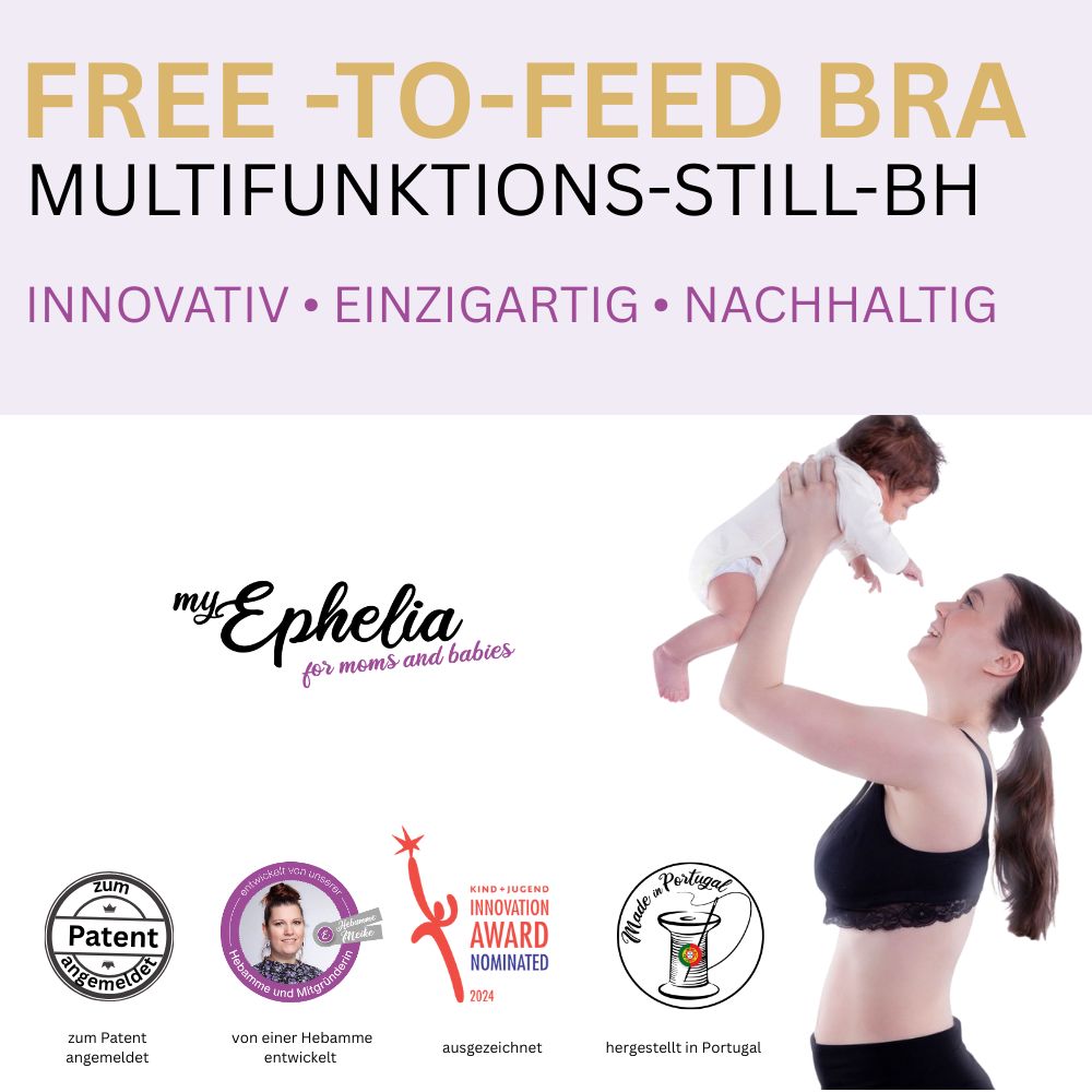 Schwarzer Still-BH mit Spitze. Text: FREE-TO-FEED BRA, myEphelia, innovativ, einzigartig, nachhaltig. Zertifizierungen.