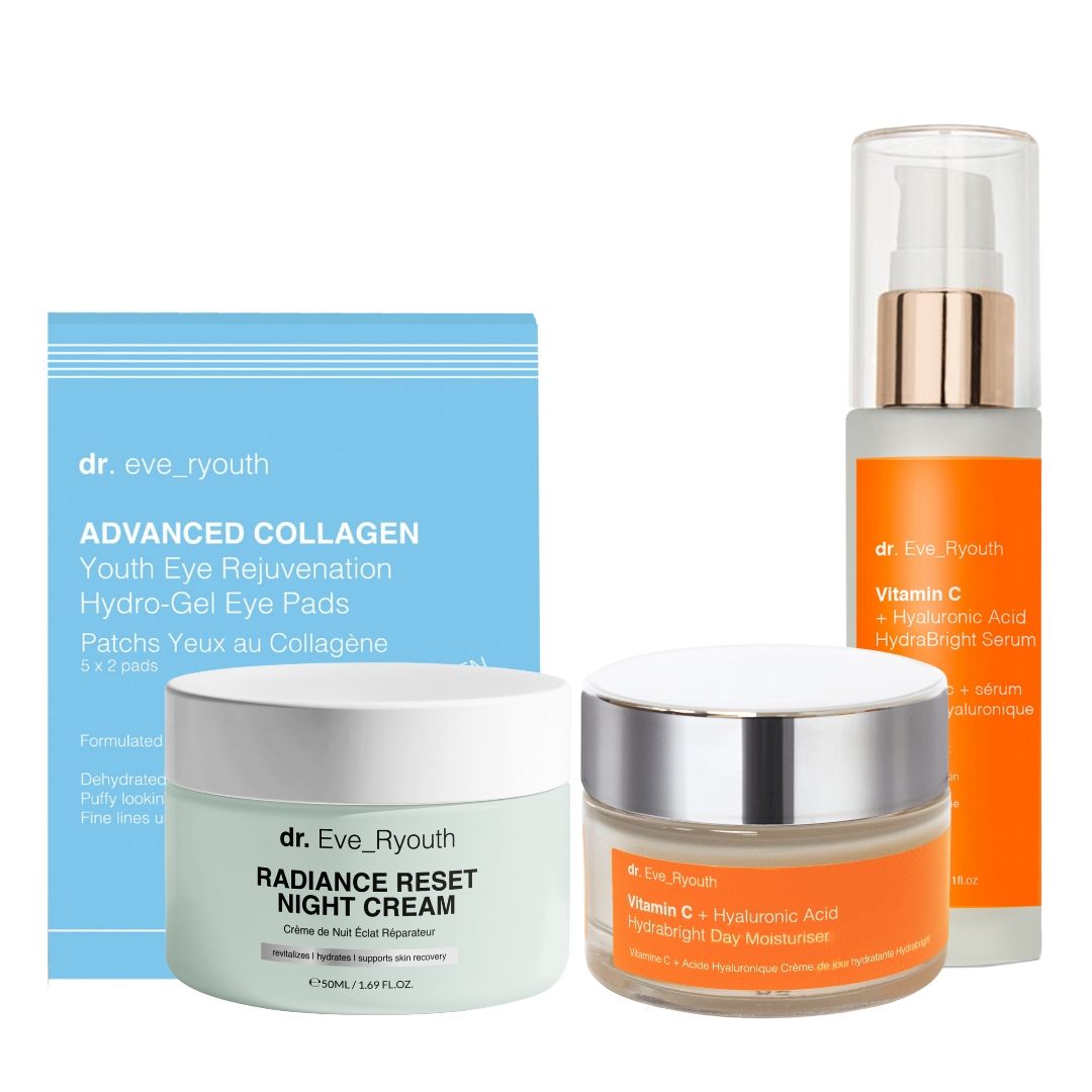 Dr. Eve_Ryouth Set. Nachtcreme, Serum und Augenpads. Blaue, grüne und orangefarbene Verpackungen. Produkte mit Text.