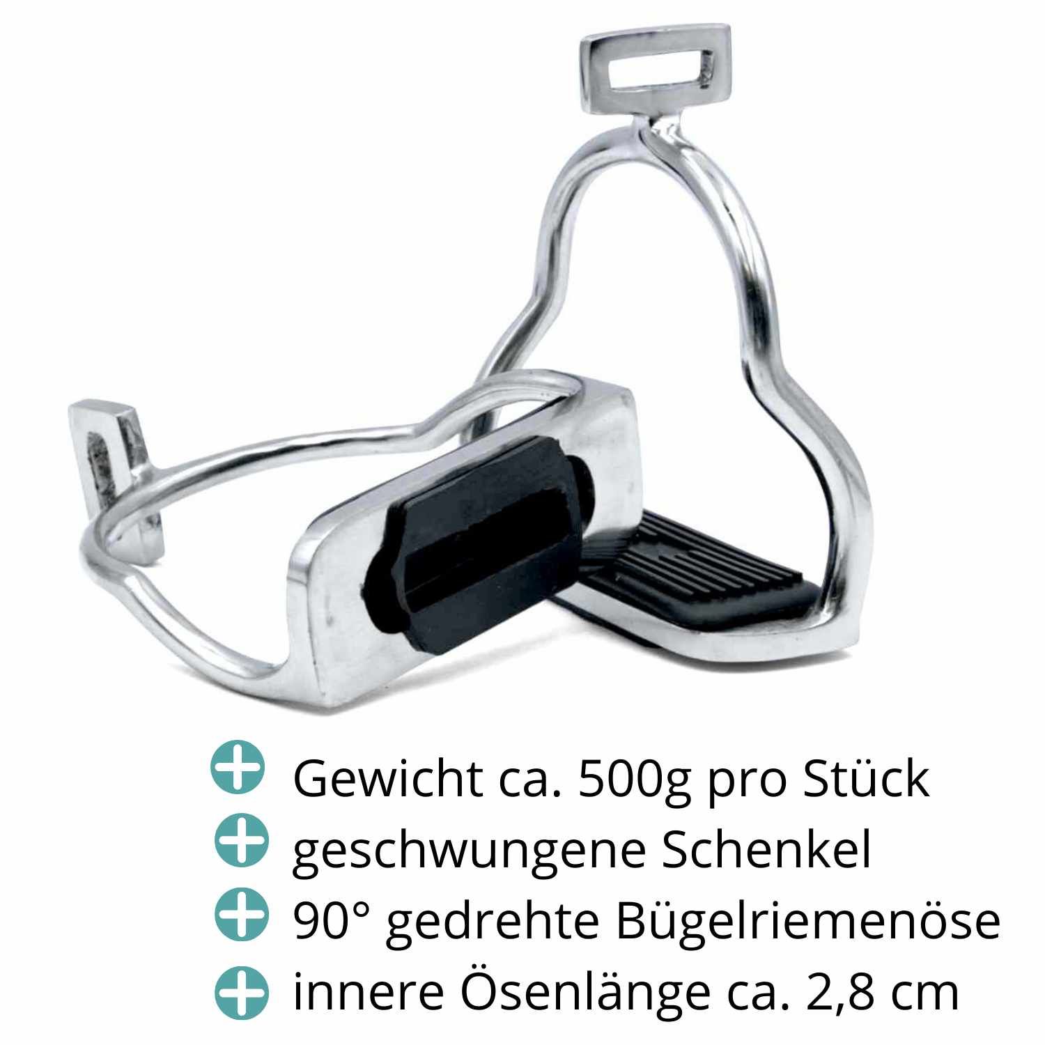 Silberfarbener Steigbügel mit schwarzer Trittfläche. Text: Gewicht ca. 500g, gebogene Schenkel, 90° gedrehte Bügelriemenöse, 2,8 cm.