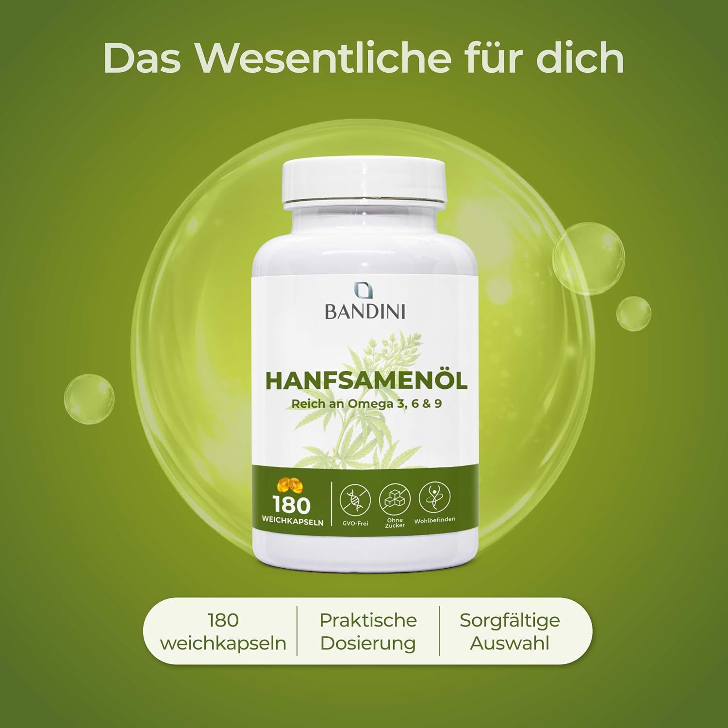 Bandini Hanfsamenöl, 180 Weichkapseln, natürliche Formel, Produkt ohne Zusatzstoffe.
