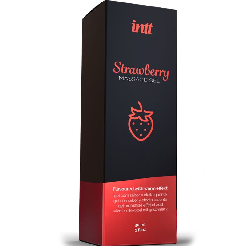 Hohe, rechteckige Schachtel. Auf der Schachtel steht "Strawberry Massage Gel" und ein Erdbeer-Logo.