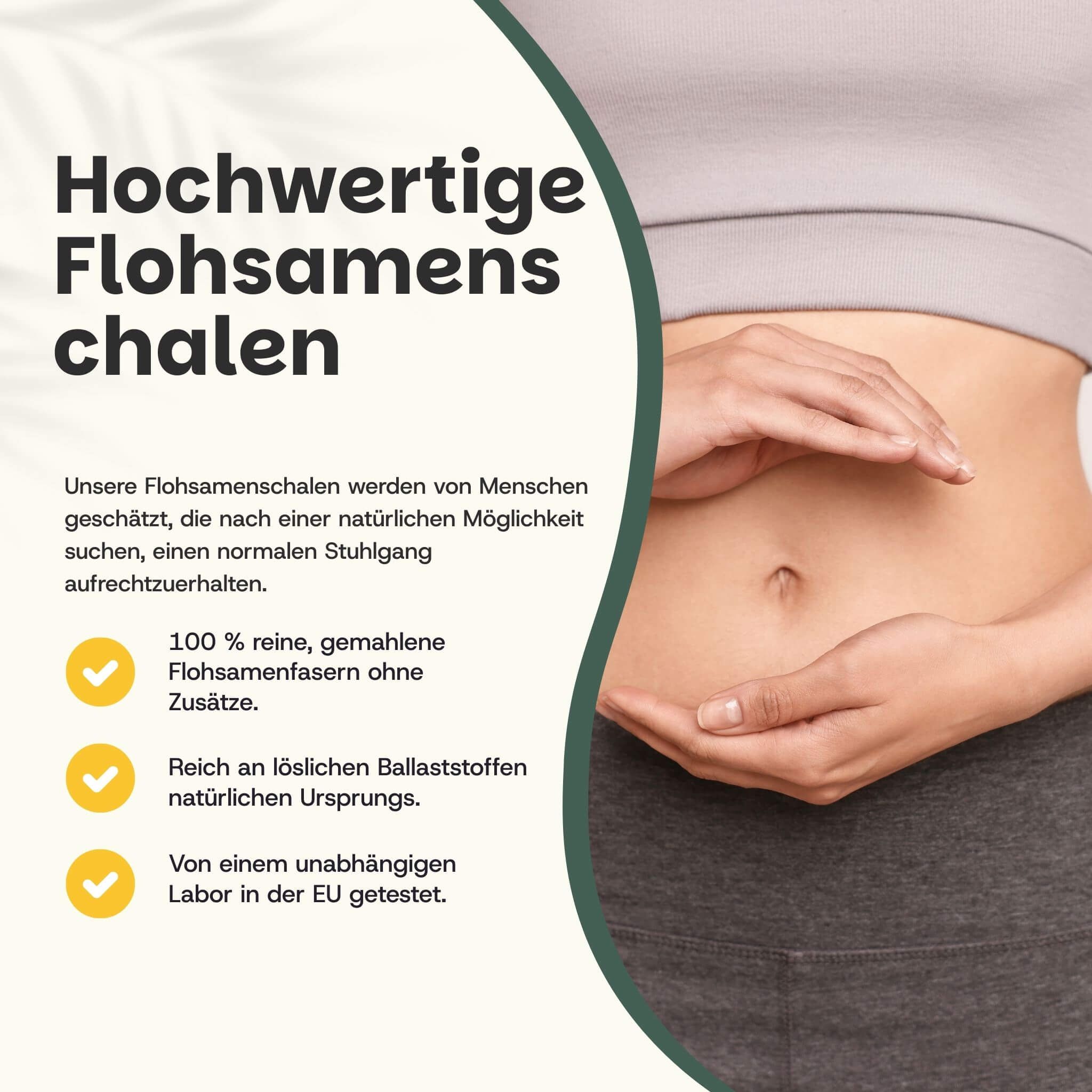 Text über hochwertige Flohsamenschalen. Frau berührt ihren Bauch. Gelbe Häkchen.