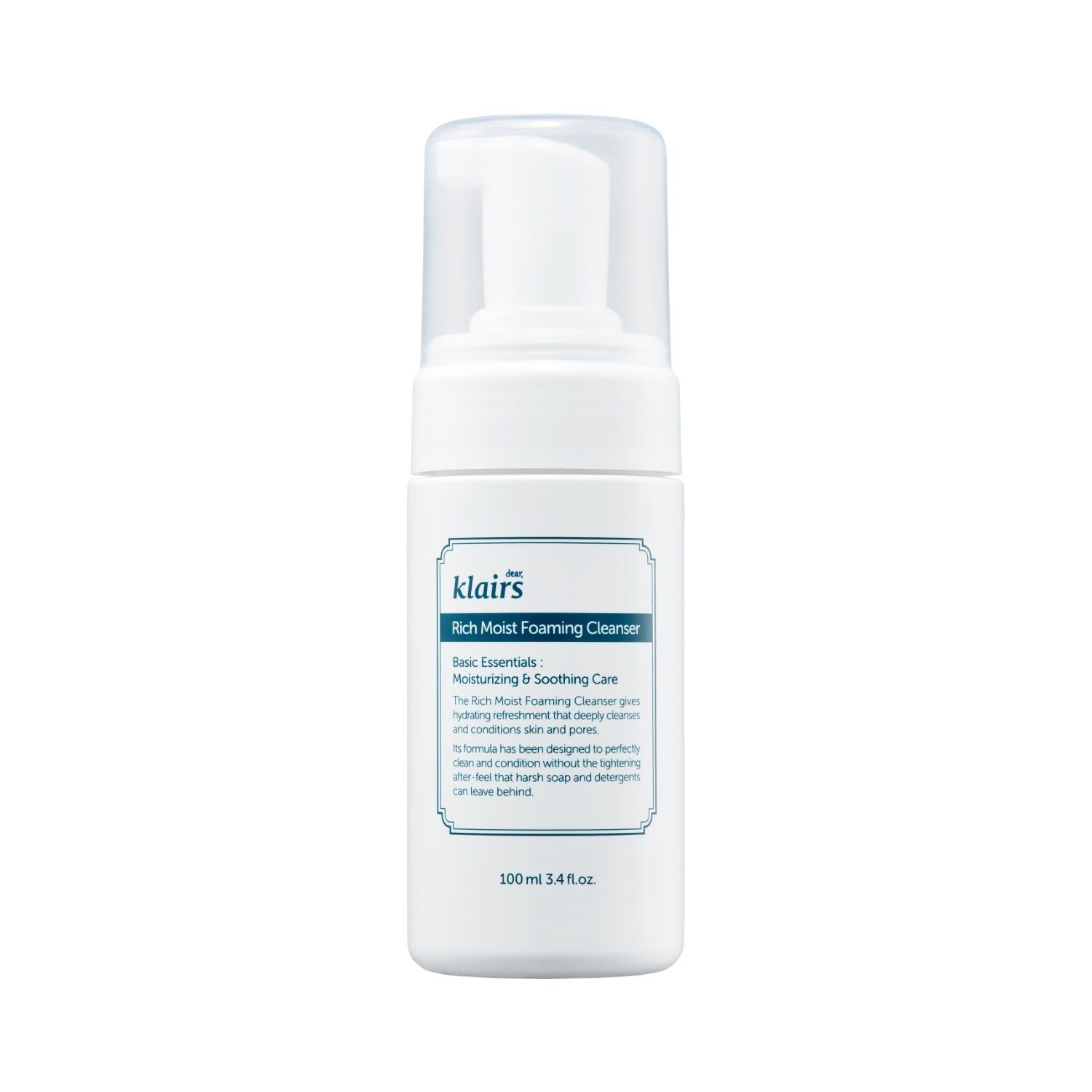 Weiße Flasche mit Klairs Rich Moist Foaming Cleanser. Blaue Etikett mit Text. Transparenter Deckel. Aufschrift: 100 ml 3.4 fl.oz.