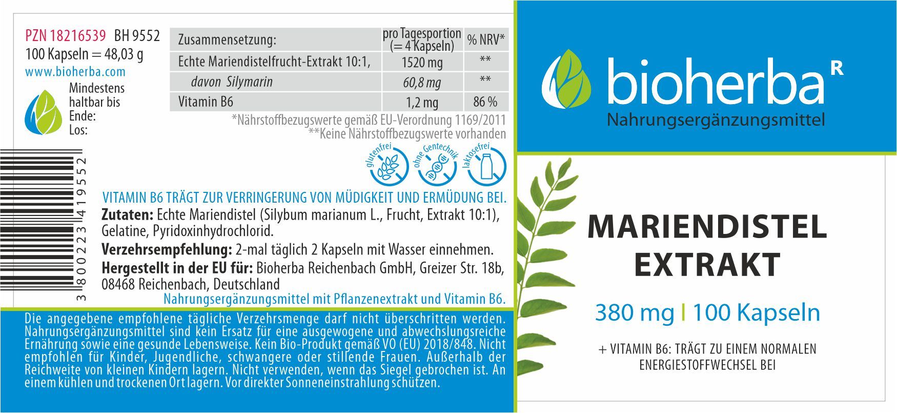 Etikett mit Produktinformationen: Mariendistel Extrakt, 380 mg, 100 Kapseln. Inhaltsstoffe, Verzehrempfehlung. Marke: Bioherba.