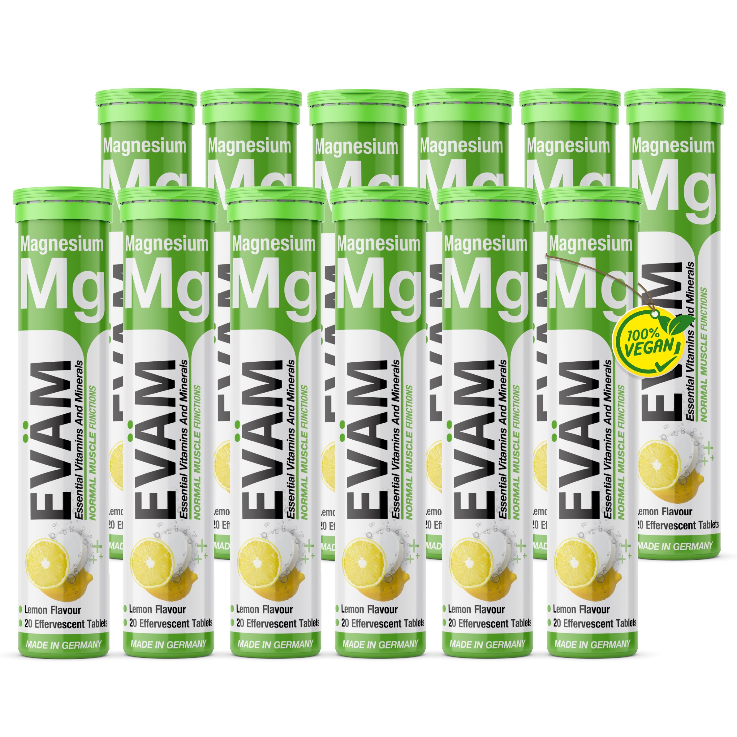 12 Tuben EVÄM Magnesium Brausetabletten. Jede Tube hat einen grünen Deckel und enthält Tabletten. 100% Vegan.