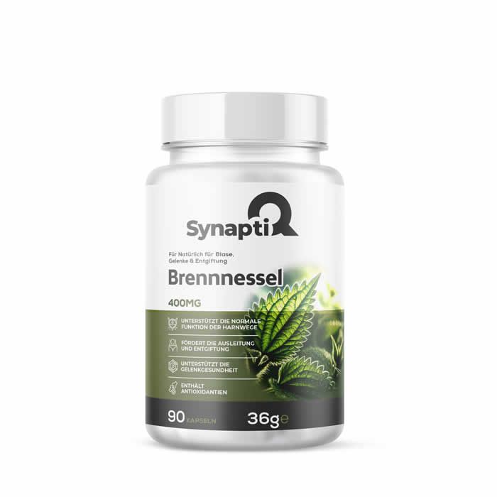 Weißes Pillenfläschchen mit "SynaptiQ Brennnessel"-Etikett. 90 Kapseln, 36g. Grünpflanze-Illustration.