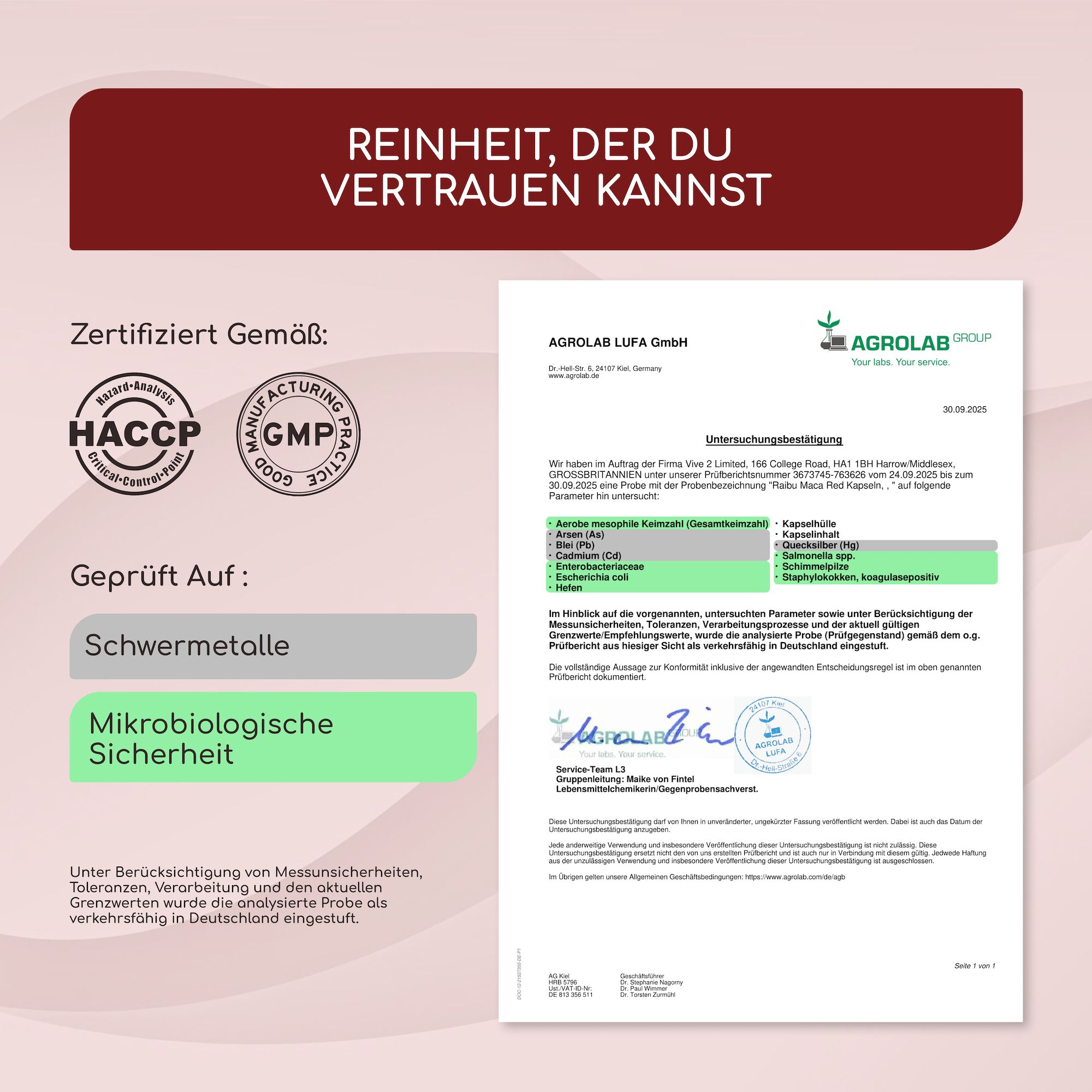 Zertifizierungsdokumente von AGROLAB LUFA GmbH. Zertifizierungen für HACCP und GMP. Geprüft auf Schwermetalle und mikrobiologische Sicherheit.