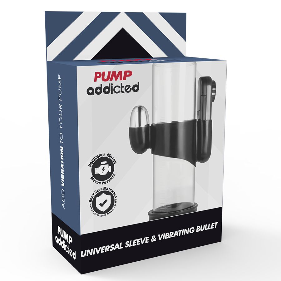 Verpackung der Penispumpe. Aufschrift: Pump Addicted, Universal Sleeve & Vibrating Bullet. Abgebildet: Pumpe mit Zubehör.
