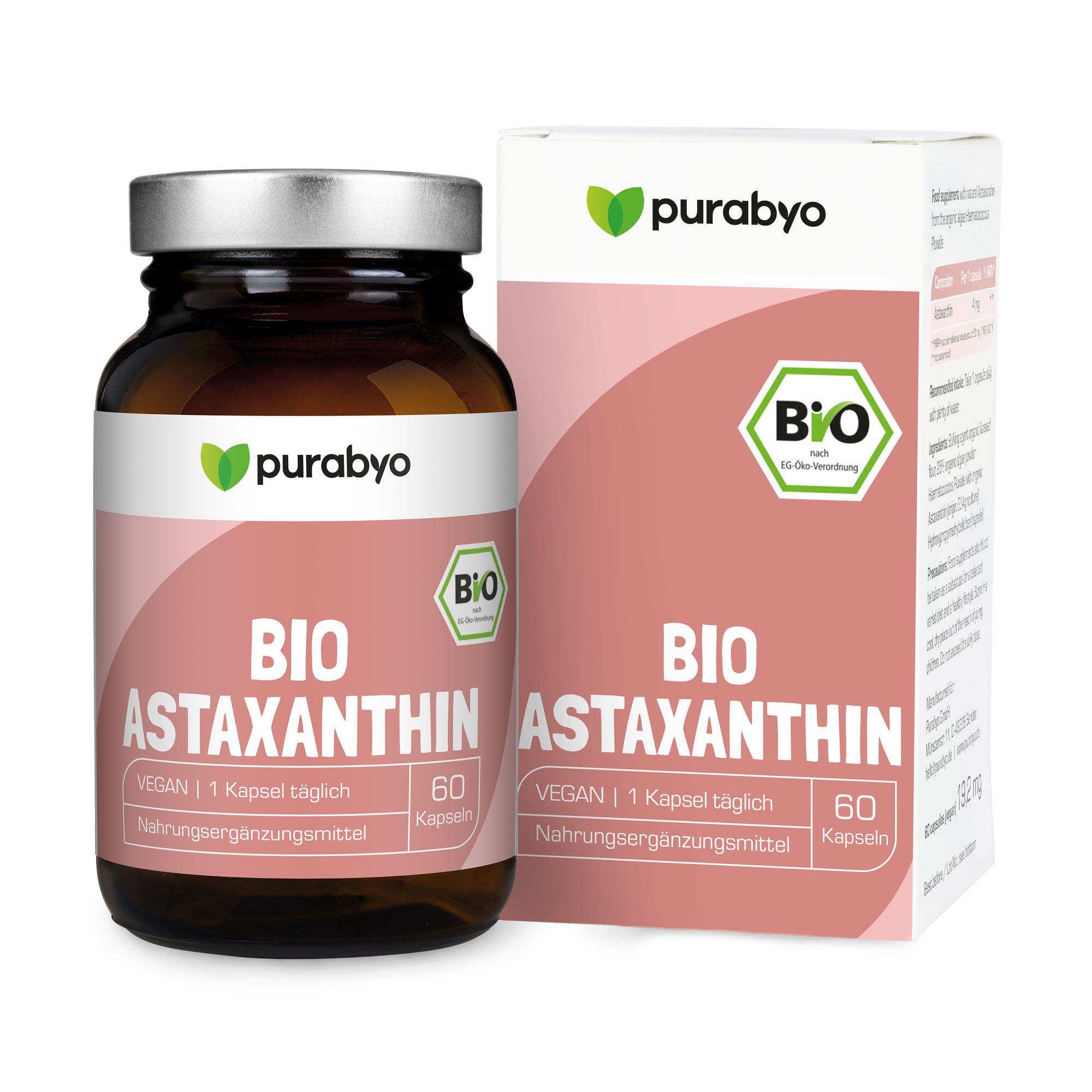 Braune Glasflasche und Karton mit Aufschrift BIO Astaxanthin. 60 Kapseln. BIO-Siegel.