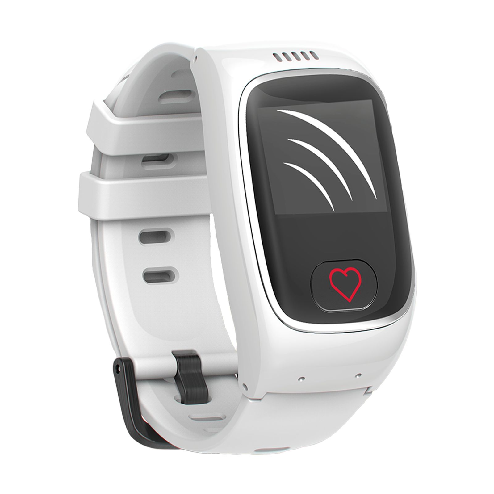 Weiße Smartwatch mit Herzfrequenzsensor. Display zeigt Signalwellen und SOS-Taste.