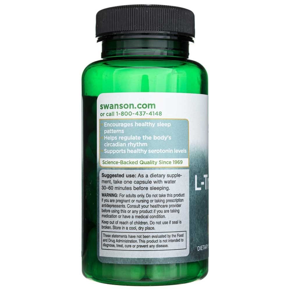 Rückseite der Swanson L-Tryptophan Flasche mit Anwendungshinweisen und Qualitätsgarantie.