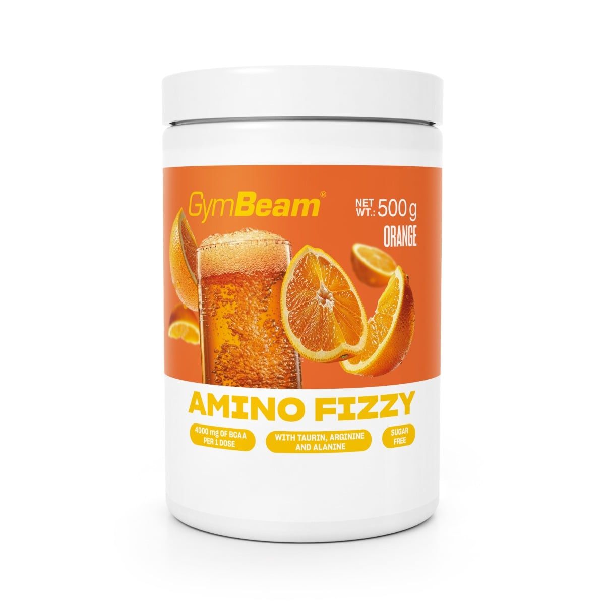 GymBeam Aminosäuren-Komplex Brausepulver Orange, 500g Dose mit Abbildung von Orangen und einem Glas Sprudelgetränk.