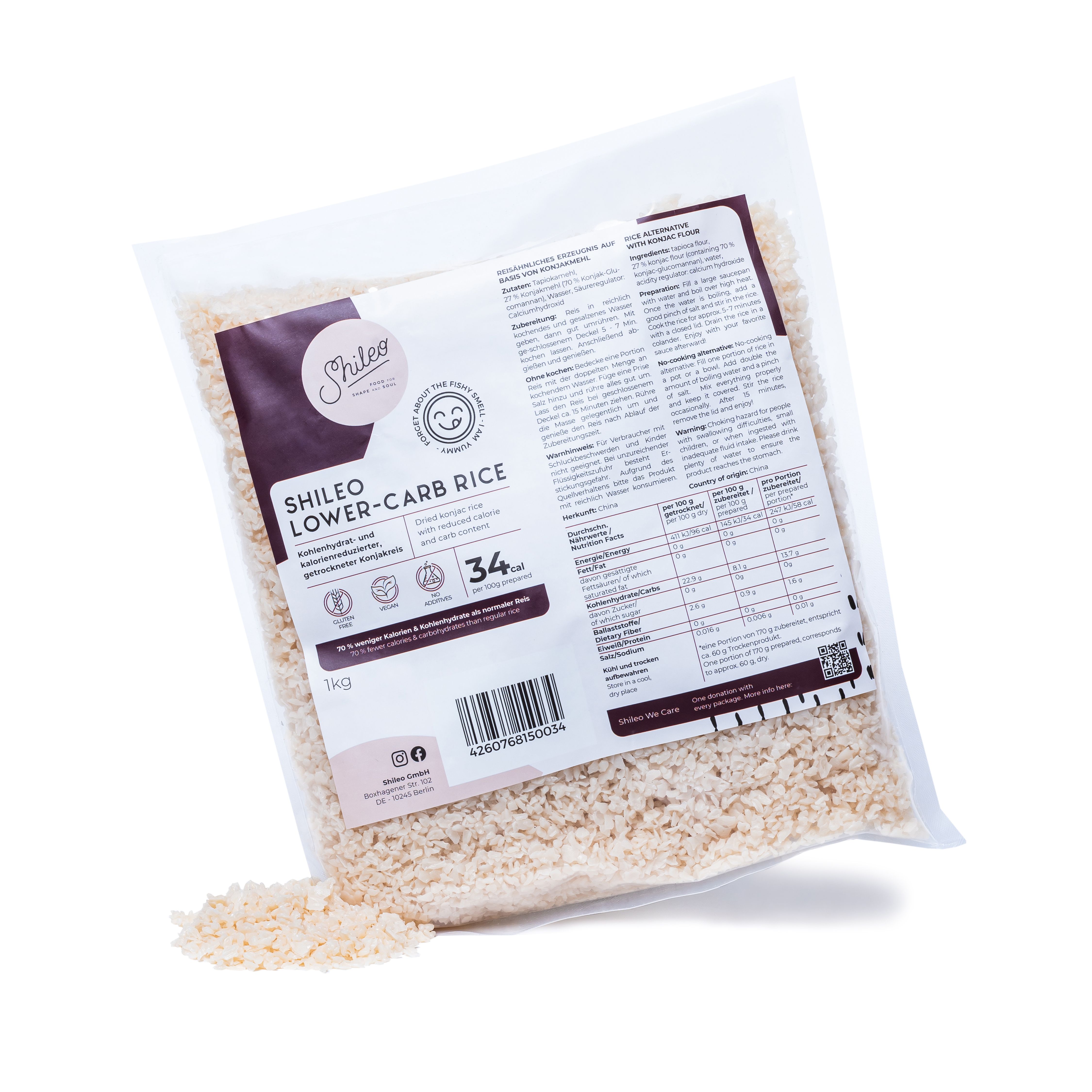 SHILEO Lower-Carb Reis in transparenter Verpackung. Aufdruck mit Nährwertangaben und Logo. 1kg Packung.