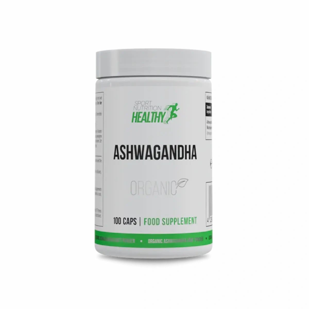 Weiße Dose mit "Sport Nutrition Healthy Ashwagandha" Aufschrift. 100 Kapseln. Grüner Aufdruck. Weißer Deckel.