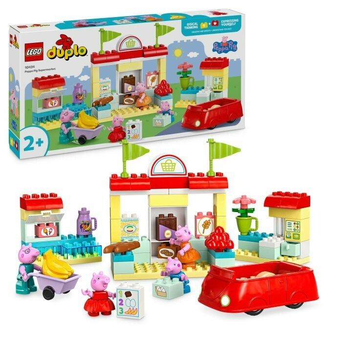 LEGO Duplo Peppa Pig Supermarkt. Bausatz mit Figuren, rotem Auto, Marktstand und Zubehör. Verpackung mit Logo und Altersempfehlung.