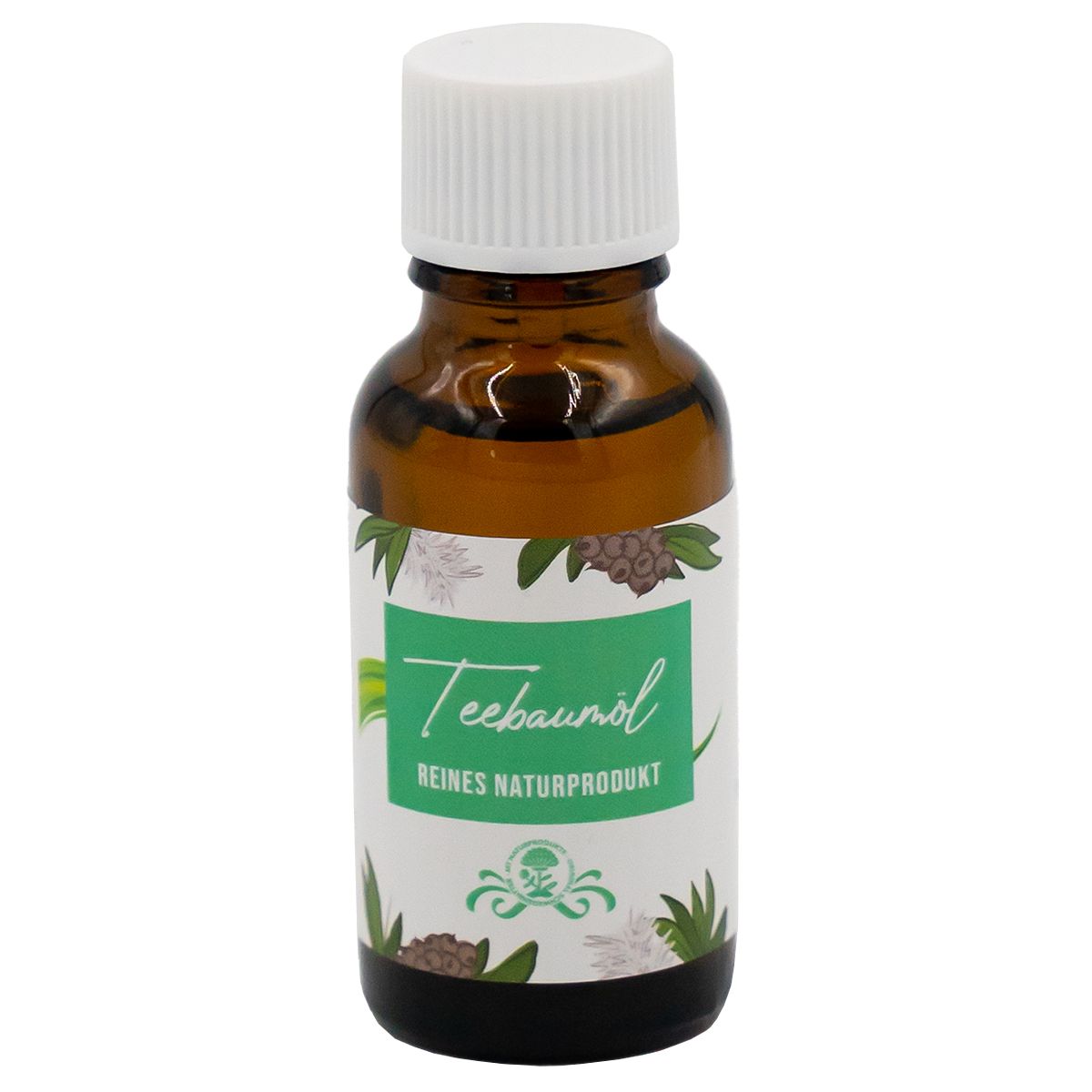 Braune Glasflasche mit weißem Deckel. Etikett mit "Teebaumöl" und "Reines Naturprodukt".