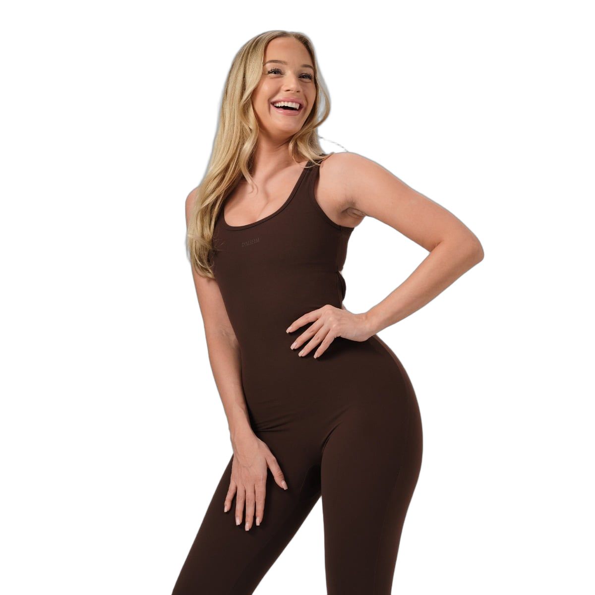 Dunkelbrauner Damen-Jumpsuit mit schmaler Passform, ärmellos, mit ausgestelltem Bein.