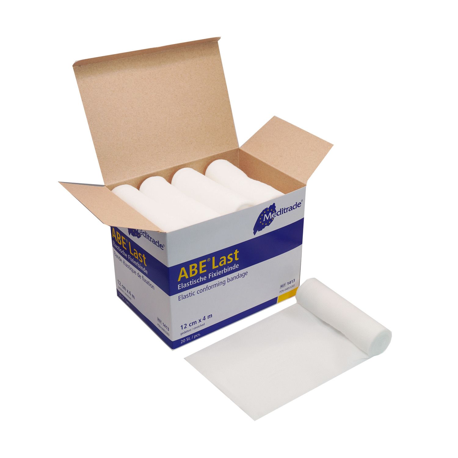 Elastische Fixierbinden in Kartonverpackung. Aufschrift: ABE' Last, 12 cm x 4 m. Geöffnete Box mit mehreren Rollen. Eine Rolle liegt daneben.