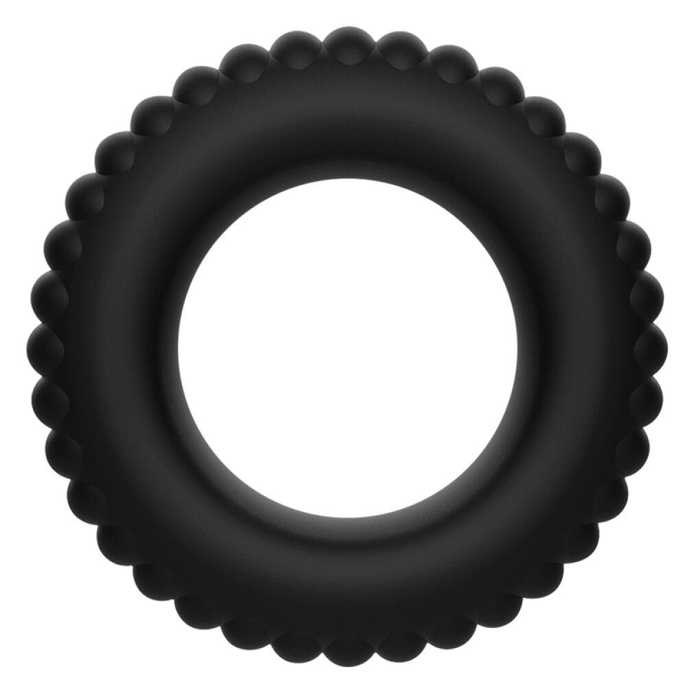 Schwarzer Penisring aus Silikon mit einer Oberfläche aus kleinen Kugeln. Runde Form mit einem Loch in der Mitte.