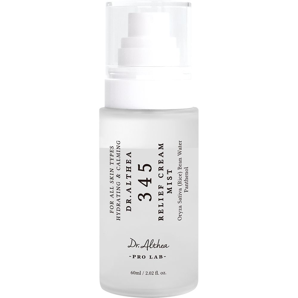 Weiße Sprühflasche mit transparentem Deckel. Aufschrift: 345 Relief Cream Mist, Dr. Althea. Für alle Hauttypen.