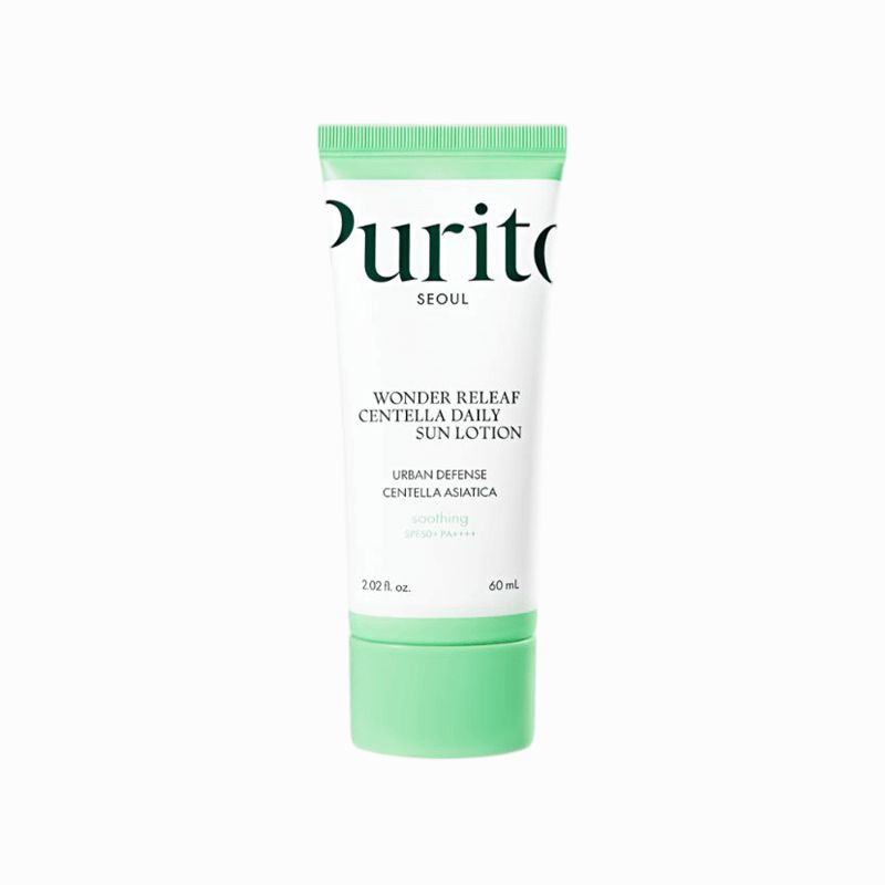 Weiße Tube mit grünem Deckel. Aufschrift: PURITO SEOUL, Wonder Releaf Centella Daily Sun Lotion. 60 ml.