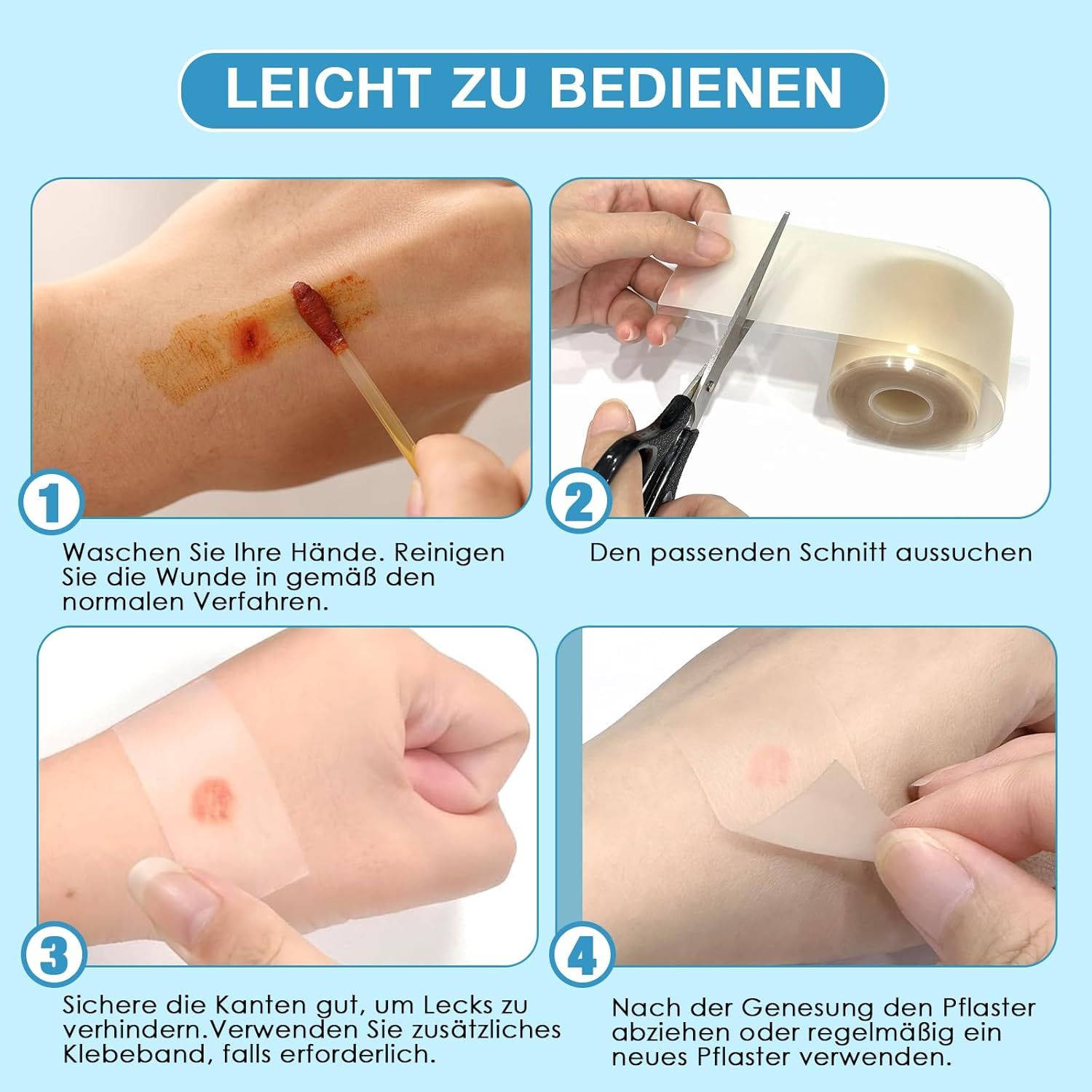 Anleitung zur Anwendung. Schritte: Hände waschen, Wunde reinigen, passenden Schnitt auswählen, Kanten sichern, Pflaster anbringen und nach Heilung entfernen.