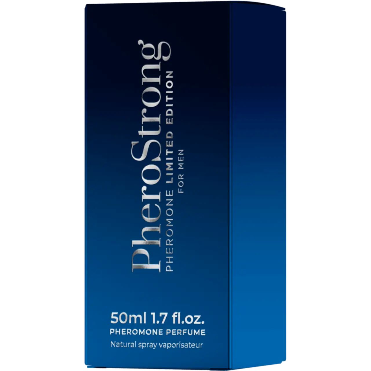 Blaue Produktverpackung mit silberner Schrift: PheroStrong, Limited Edition für Männer, 50ml.